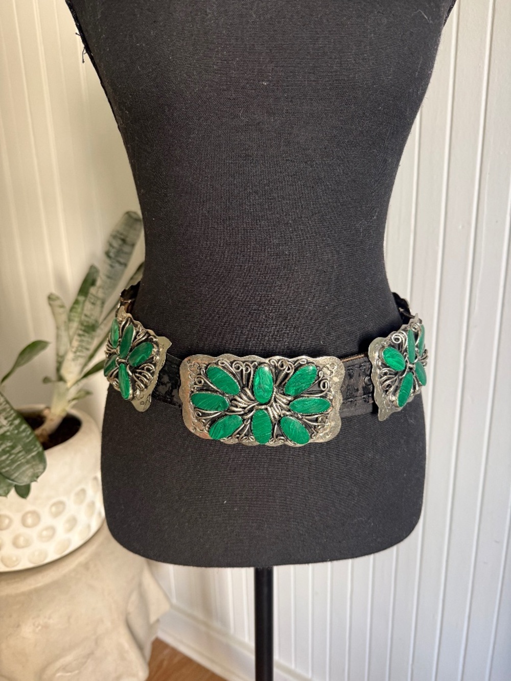 Vintage Navajo Old Pawn Sterling Silver Malachite Concho Belt Handmade